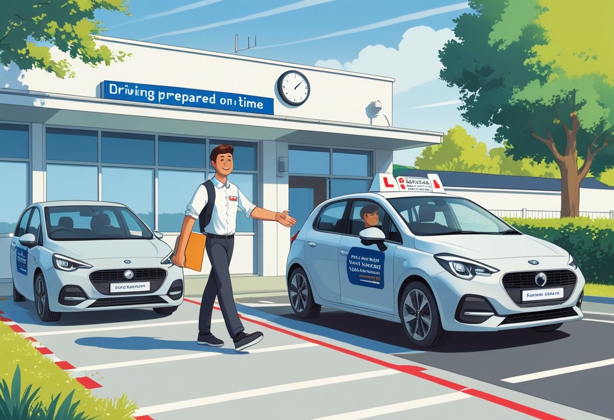 A learner driver arrives on time at a driving school and is greeted by a driving instructor next to a driving school car.
