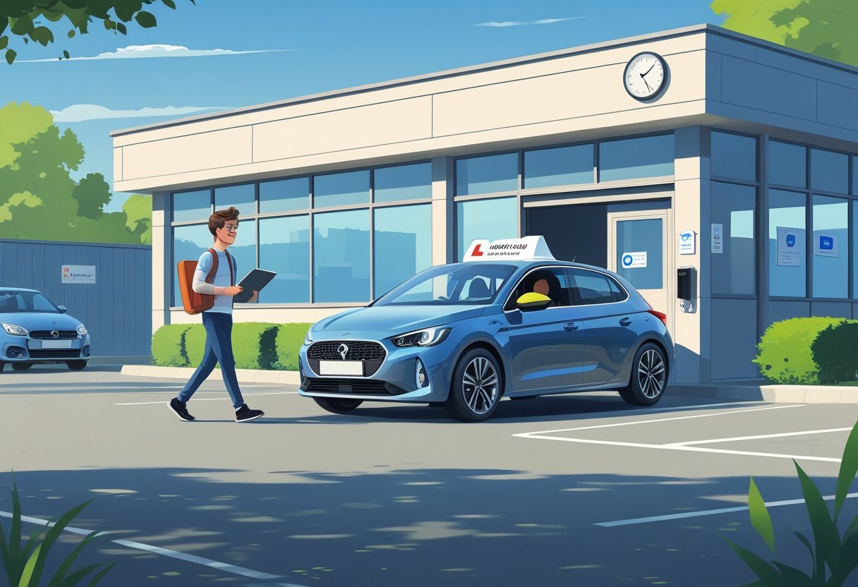 A learner driver arriving on time at a driving school, meeting an instructor beside a driving school car outside a modern building.