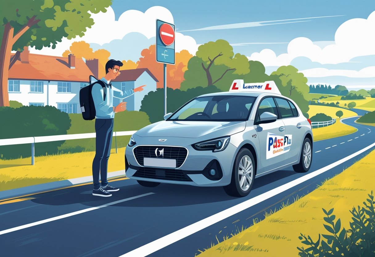 A young driver receiving guidance from a driving instructor next to a car on a suburban road with road signs and mixed urban and rural background.