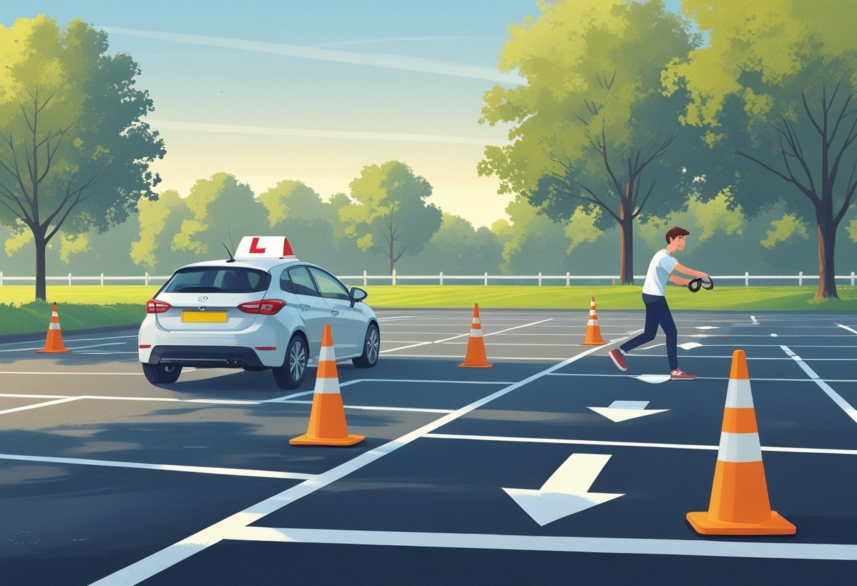 A person practising driving manoeuvres in an empty parking lot with cones and a learner car, surrounded by trees under a clear sky.