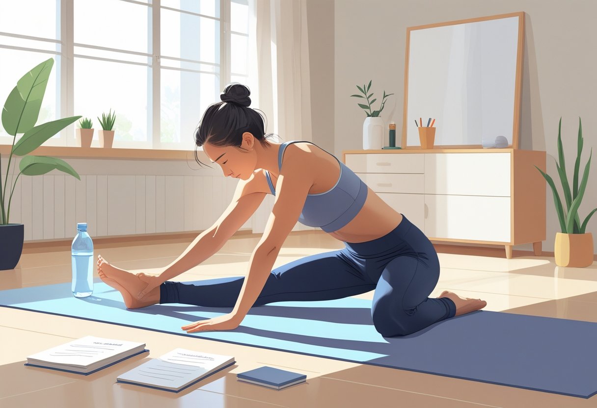 A person practising a physical manoeuvre on a mat in a bright, tidy room with a notebook and water bottle nearby.