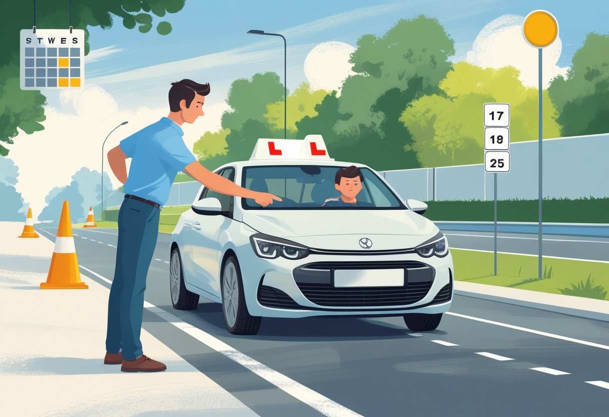 A learner driver receiving instruction from a driving instructor in a car on a suburban street with road signs and cones visible.