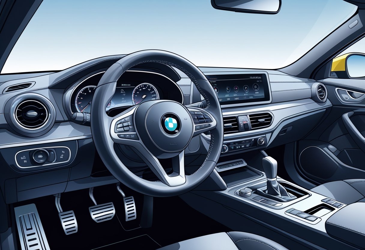 Interior view of a car showing the steering wheel, gear shift, pedals, dashboard, and handbrake.