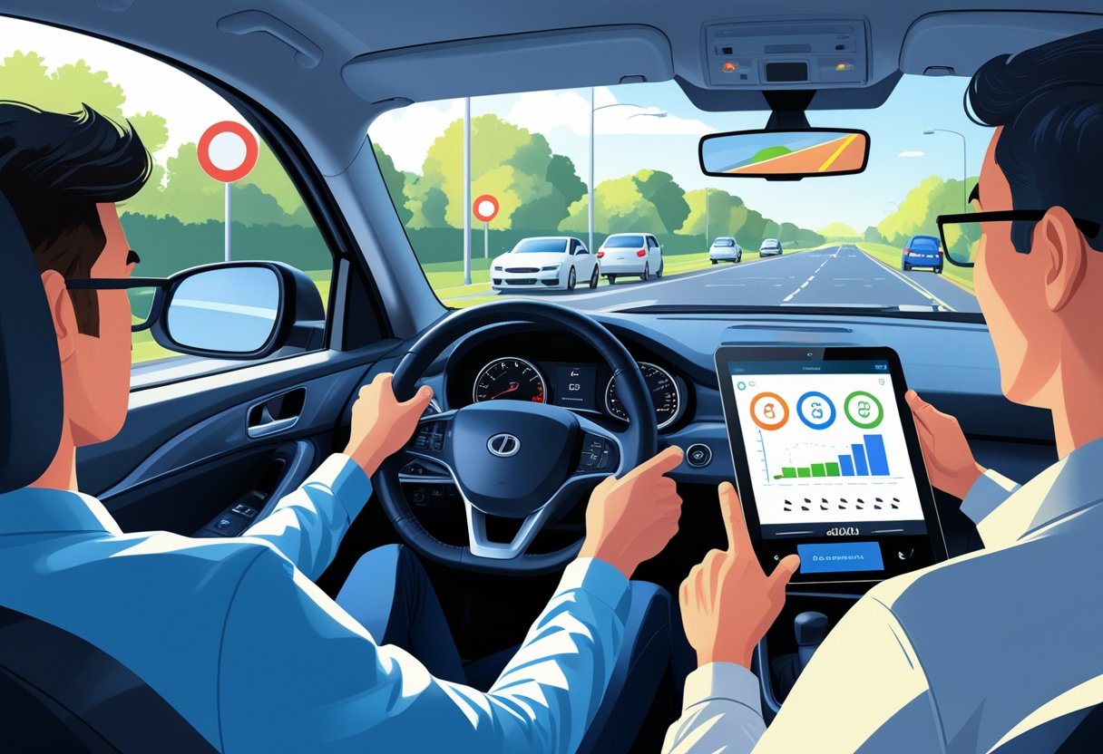 A learner driver and instructor inside a car, using a tablet to track driving progress while driving on a suburban street.