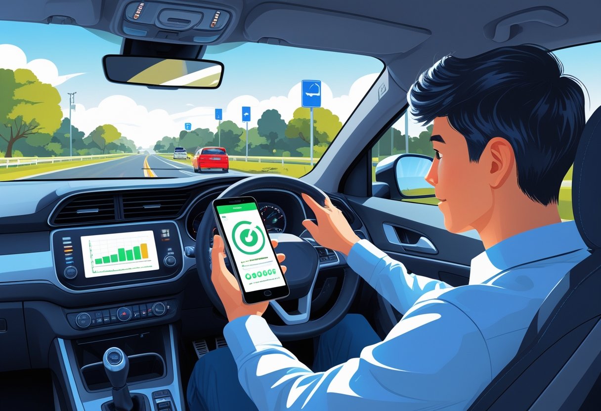 A learner driver sitting in a car holding a smartphone showing driving progress information, with a road and traffic signs visible outside.
