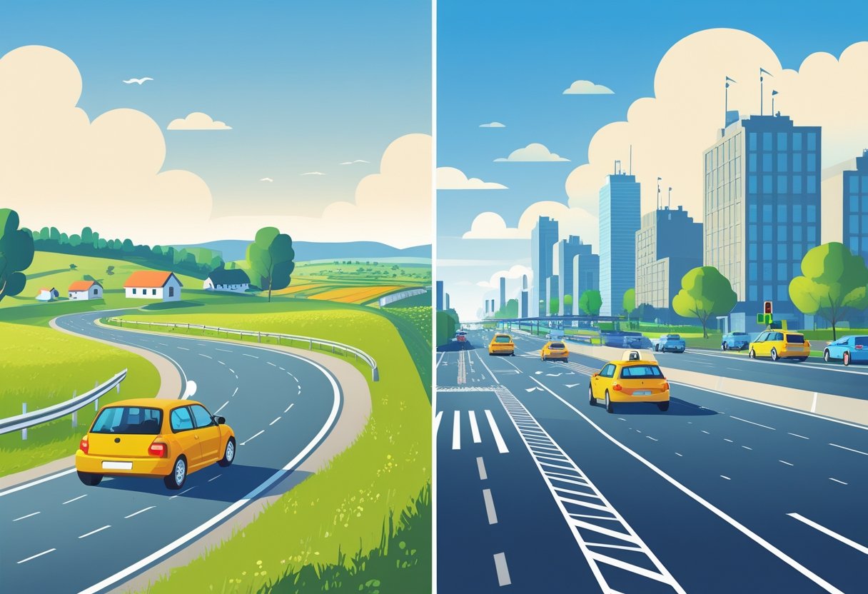 A split scene showing a learner driver on a quiet rural road with fields and farmhouses on one side, and a learner driver navigating a busy city street with tall buildings and traffic on the other.