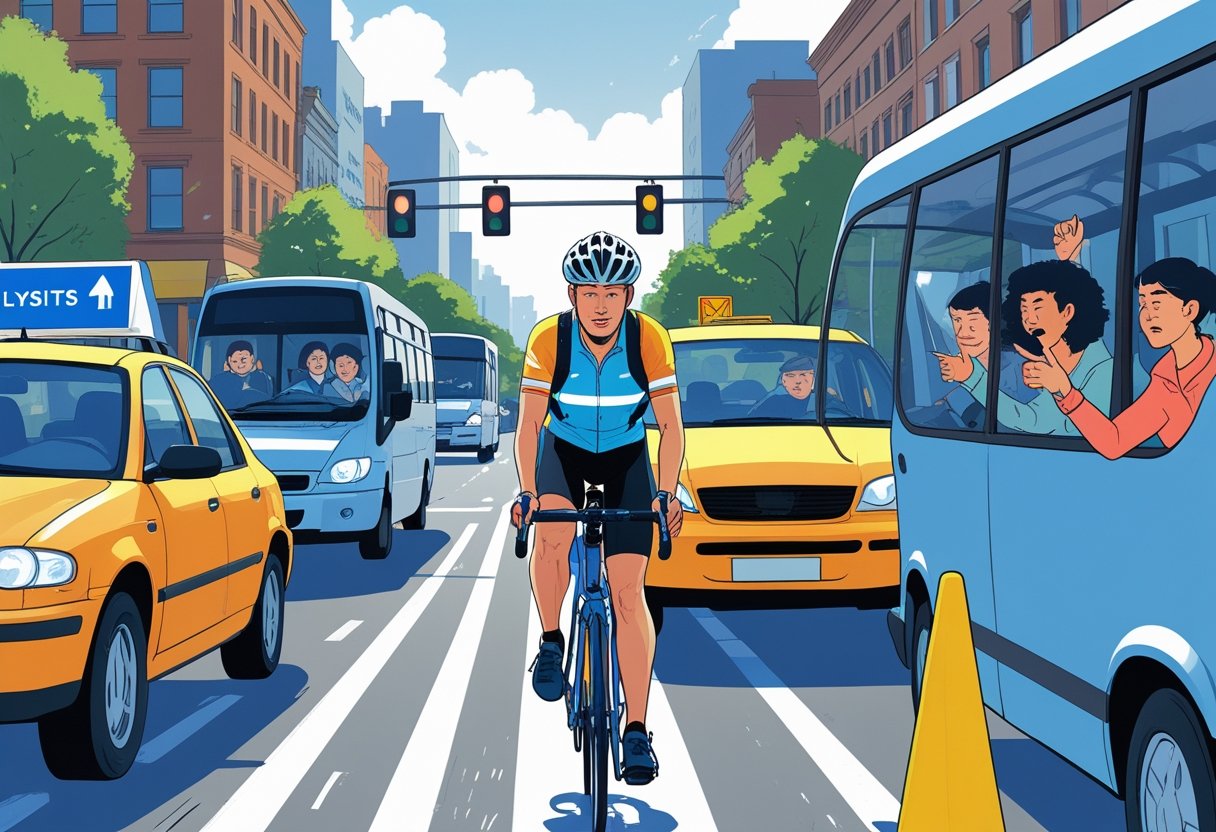 A cyclist riding on a busy city street surrounded by cars and a bus whose drivers and passengers show disapproving gestures.