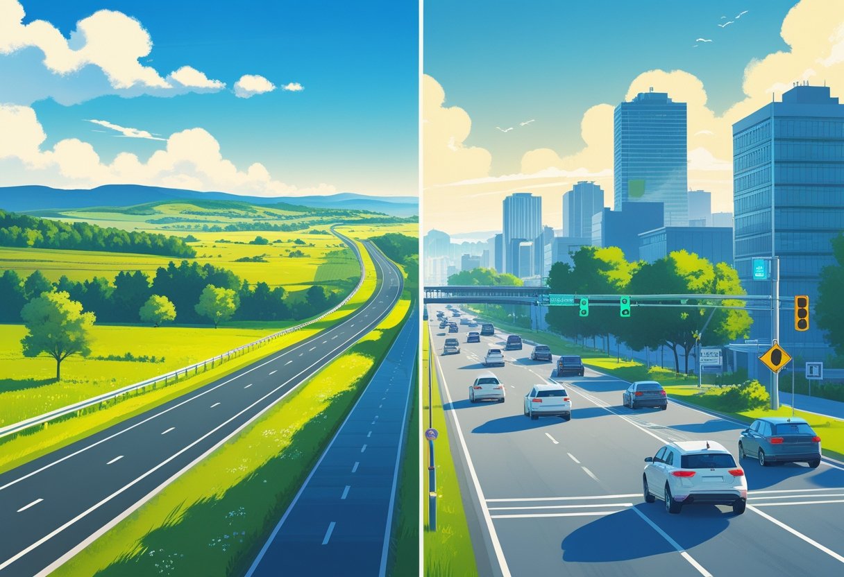 A scene showing a rural road with green fields and hills on one side and a busy city street with tall buildings and traffic on the other side.