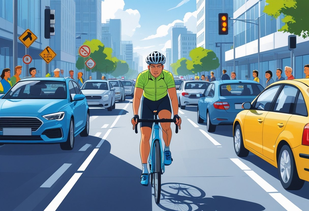 A cyclist calmly riding on a busy city road while other drivers and a pedestrian show annoyed expressions.