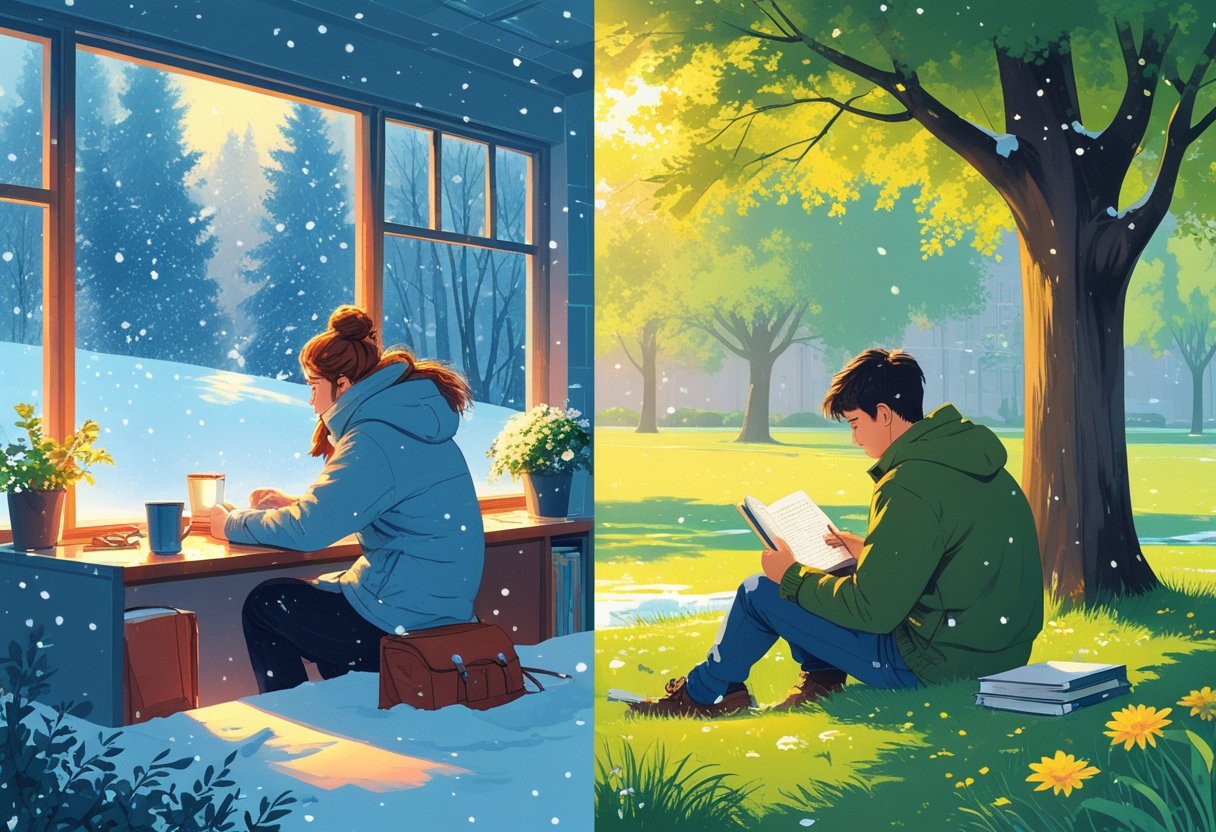 Two students learning side by side, one indoors in a snowy winter setting and the other outdoors in a sunny summer park.