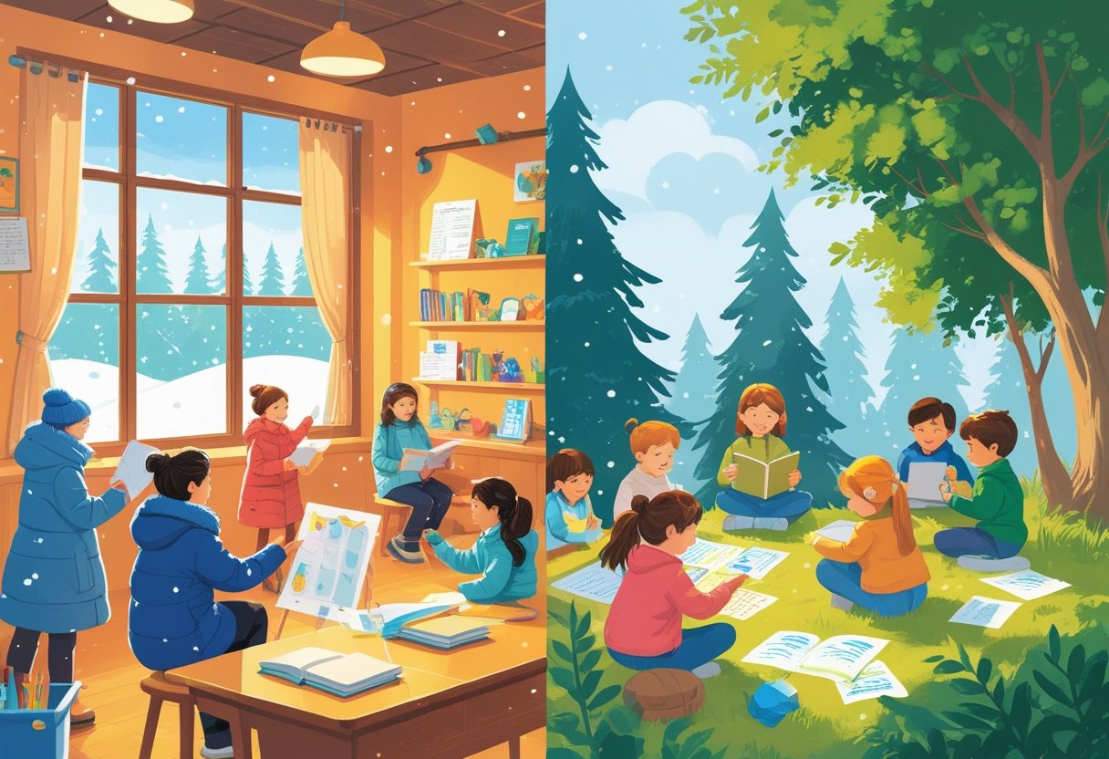 Two scenes side by side showing children learning indoors during winter with snow outside, and children learning outdoors in summer under bright sunlight and trees.
