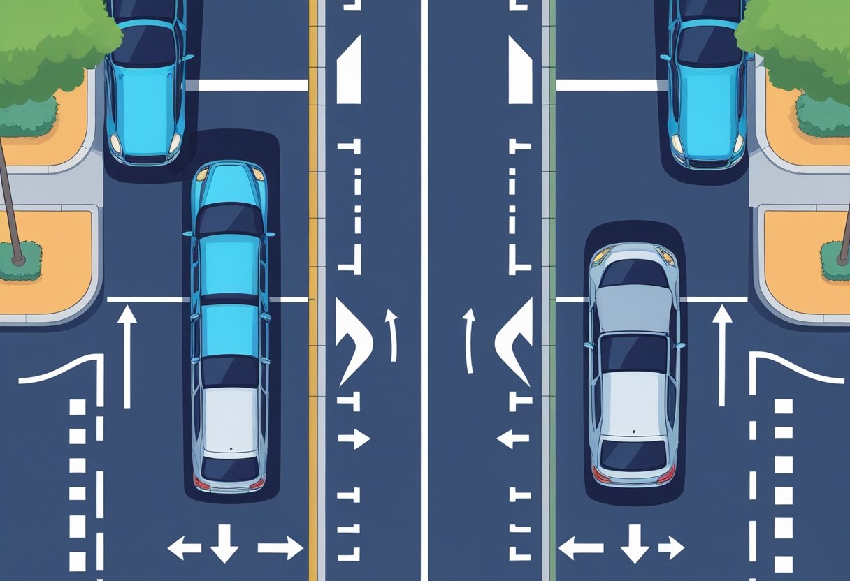 A split scene showing a car bay parking in a marked parking space and another car parallel parking along a city street curb.