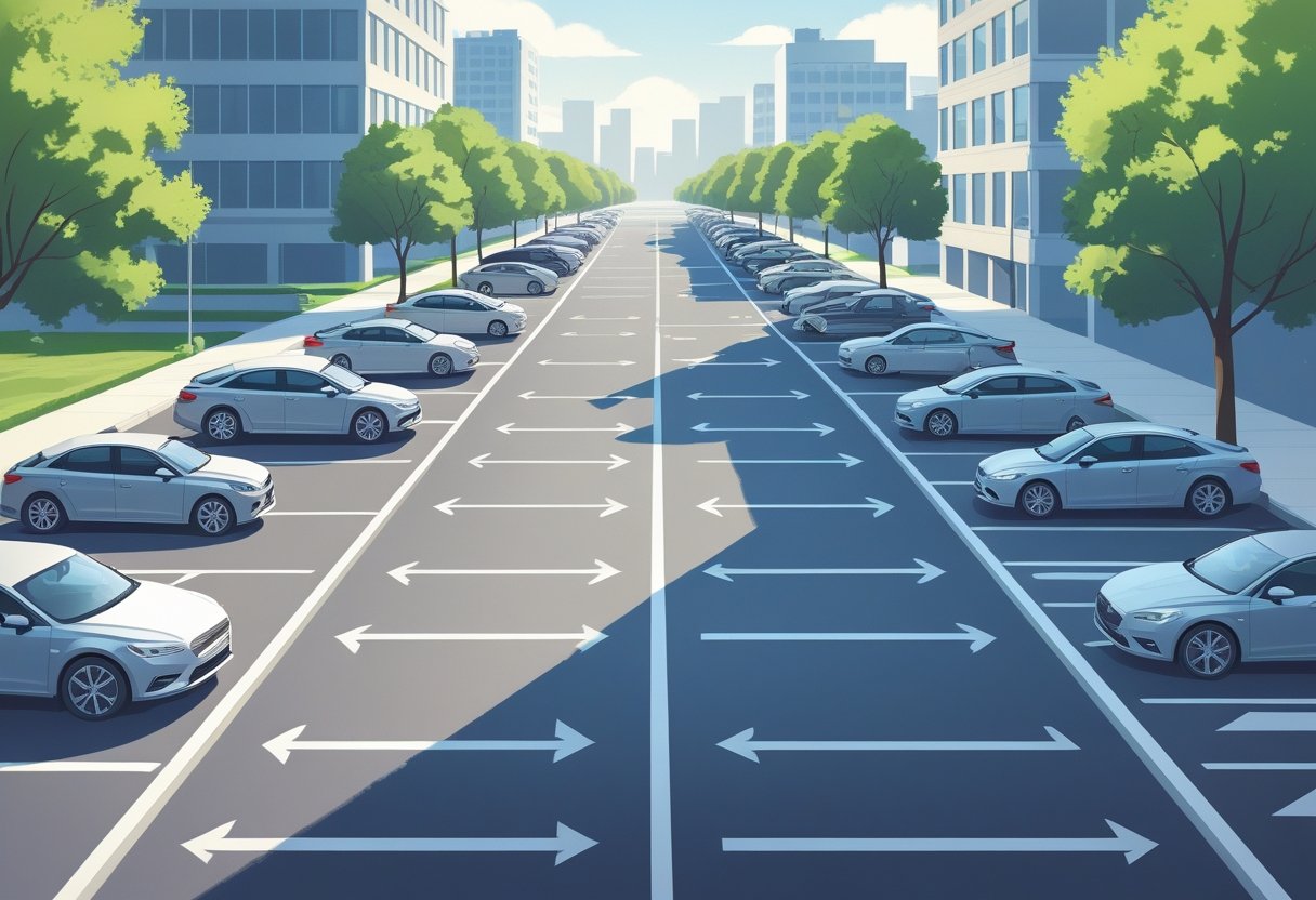 A street scene showing cars parked in perpendicular bays in a parking lot next to cars parked parallel along the curb.