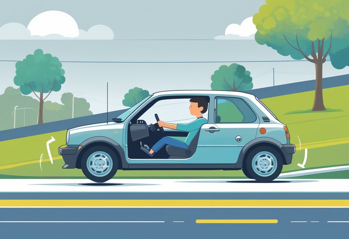A car on a gentle uphill slope with a driver demonstrating how to use the clutch and accelerator to start moving uphill.