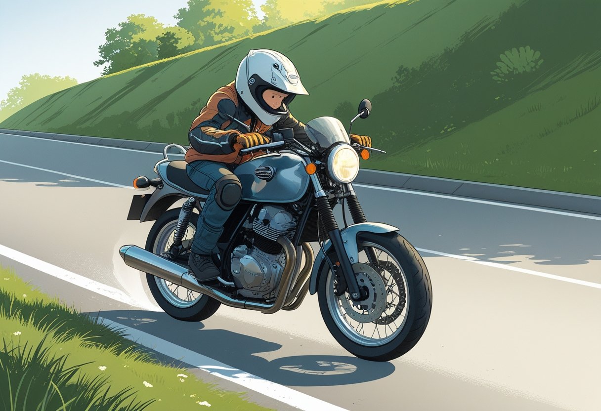 A young motorcyclist wearing protective gear learning to start on a hill, balancing the bike on an uphill road surrounded by greenery.