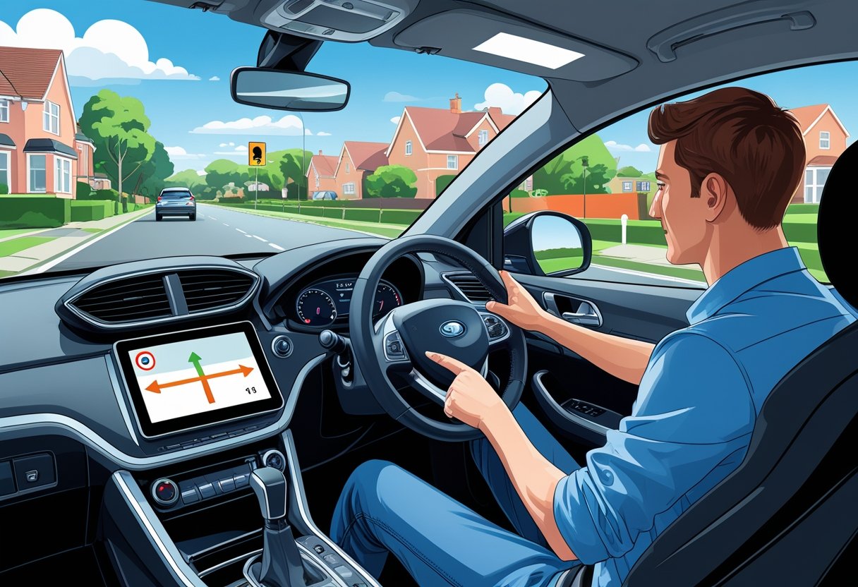 A learner driver looking at a sat nav while an instructor points ahead during a driving lesson in a car.