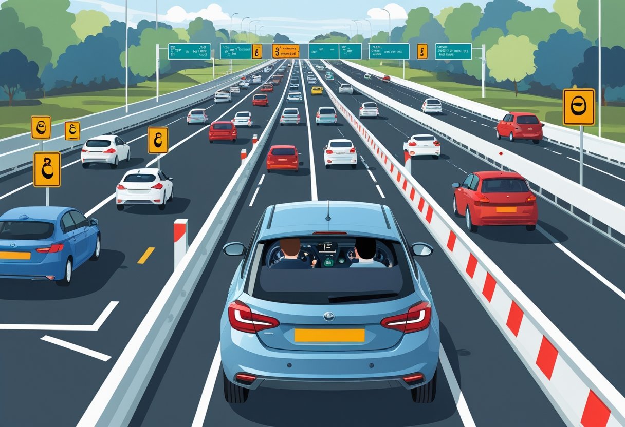 A learner driver and instructor in a car on a busy dual carriageway with multiple vehicles and road signs visible.