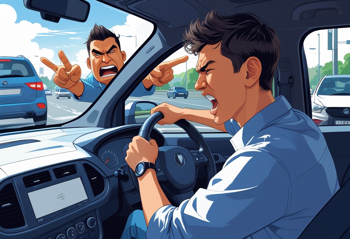A learner driver inside a car looking focused and slightly anxious while an angry driver in a nearby car gestures aggressively on a busy road.