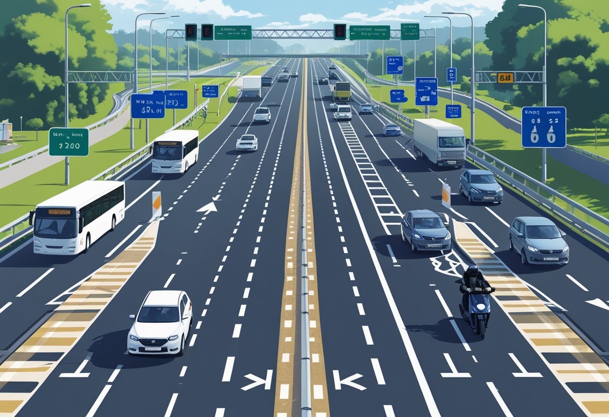 A busy dual carriageway with vehicles driving in separate lanes divided by a central barrier, showing road signs and lane markings.