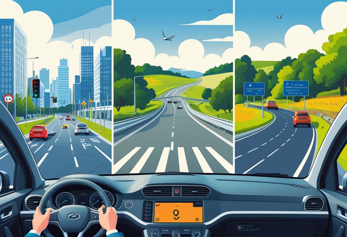 A learner driver confidently driving a car through urban streets, rural roads, and a busy motorway.