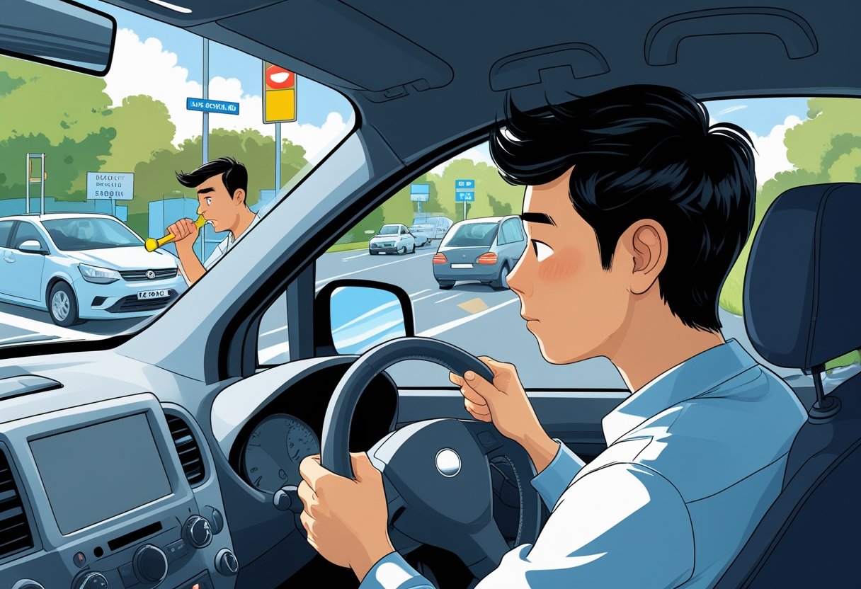 A learner driver calmly holding the steering wheel inside a car while another driver outside honks their horn in impatience on a busy street.