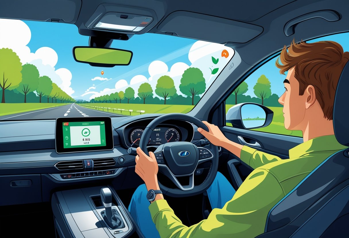 A learner driver practising eco-driving techniques inside a car on a clear road surrounded by green trees.