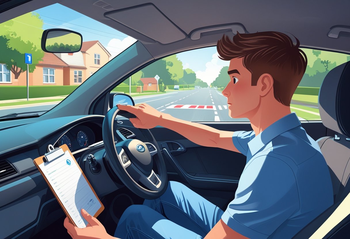 A young adult taking a mock driving test in a car with a driving instructor beside them on a quiet suburban street.