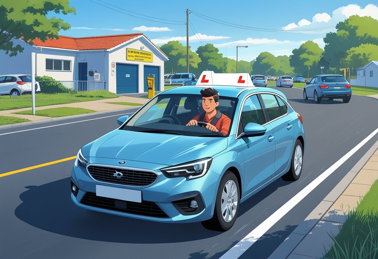 A learner driver taking a mock driving test with an instructor in the passenger seat on a quiet suburban street.