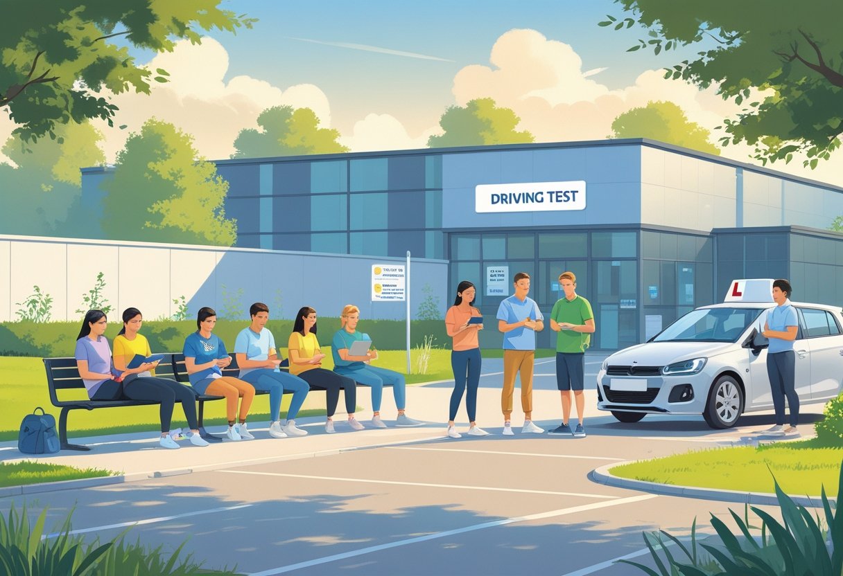 People waiting outside a driving test centre, some sitting and reading, others talking or preparing with an instructor near a parked car.