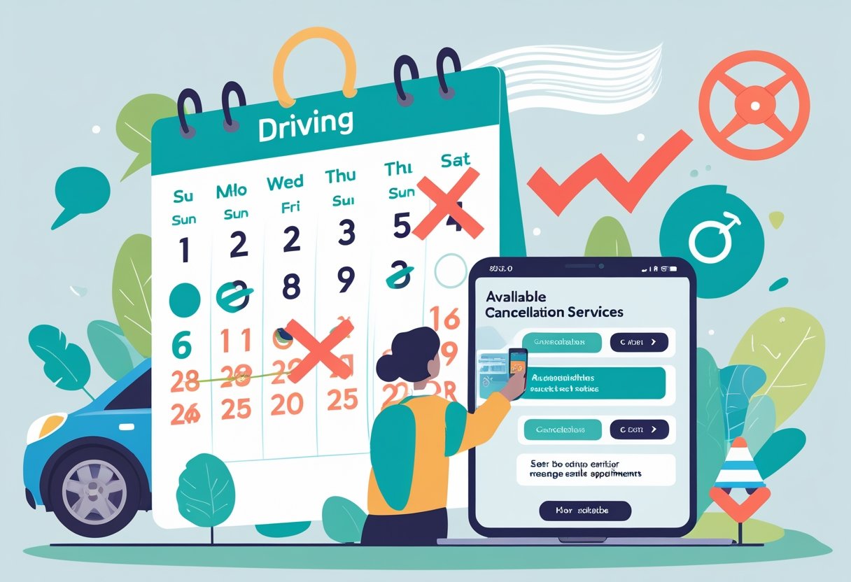 A person checking a calendar and a device showing available earlier driving test dates, with some dates crossed out to indicate cancellations.