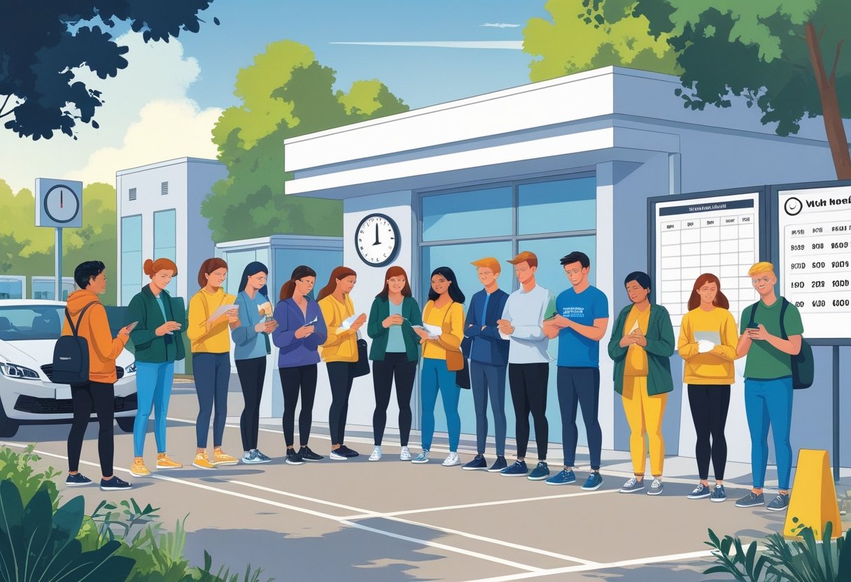 People waiting outside a driving test centre, some checking paperwork or phones, with a driving instructor teaching a learner in a car nearby.