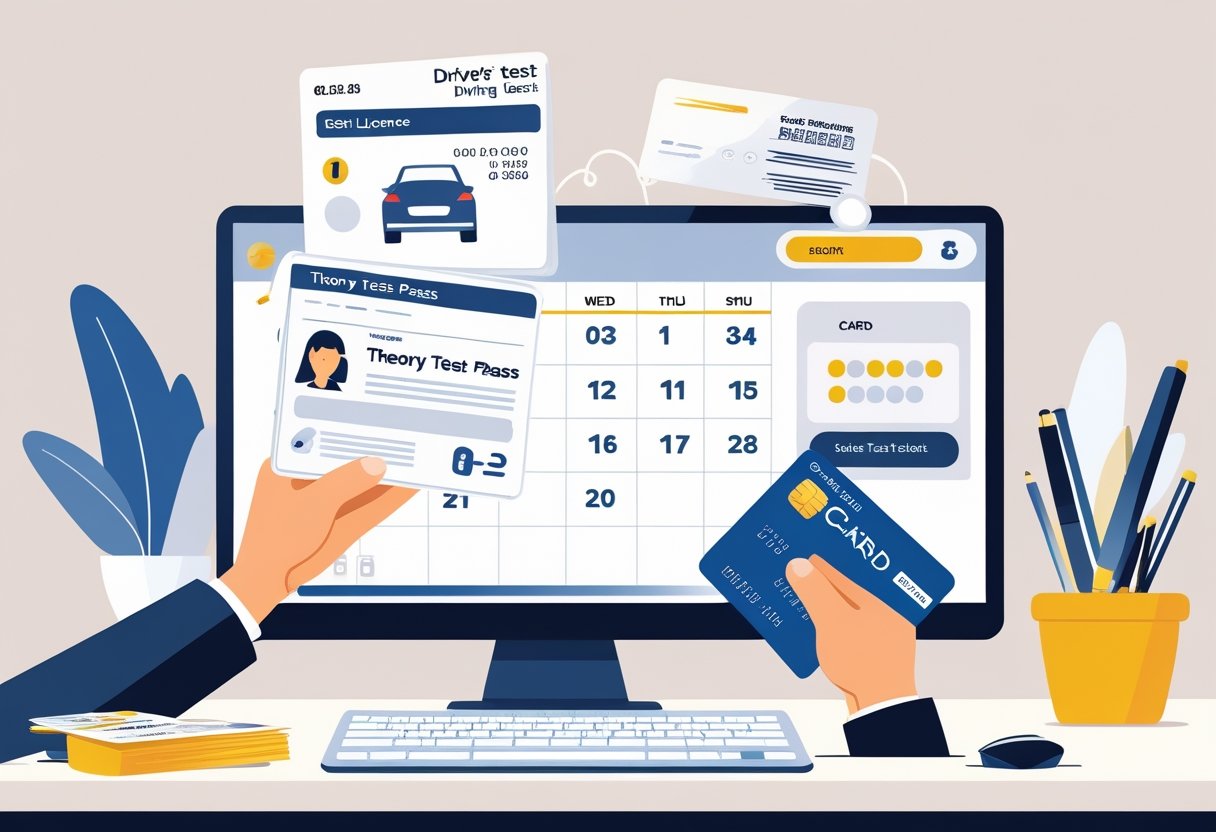 A hand holding a driver's licence, a theory test pass certificate, and a credit card above a desk with a computer showing a test booking calendar.