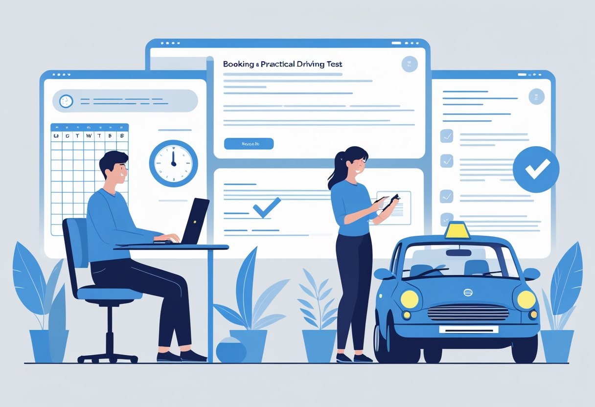 A four-panel illustration showing a person booking a driving test: using a laptop to schedule, filling out a form, receiving a confirmation on a phone, and holding car keys next to a driving school car.