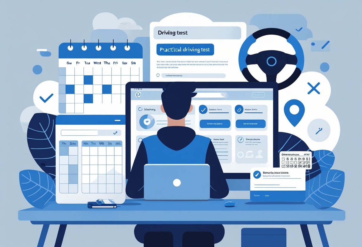 A person sitting at a desk using a laptop to book a practical driving test, with visual elements like a calendar, checklist, and driving licence around them.