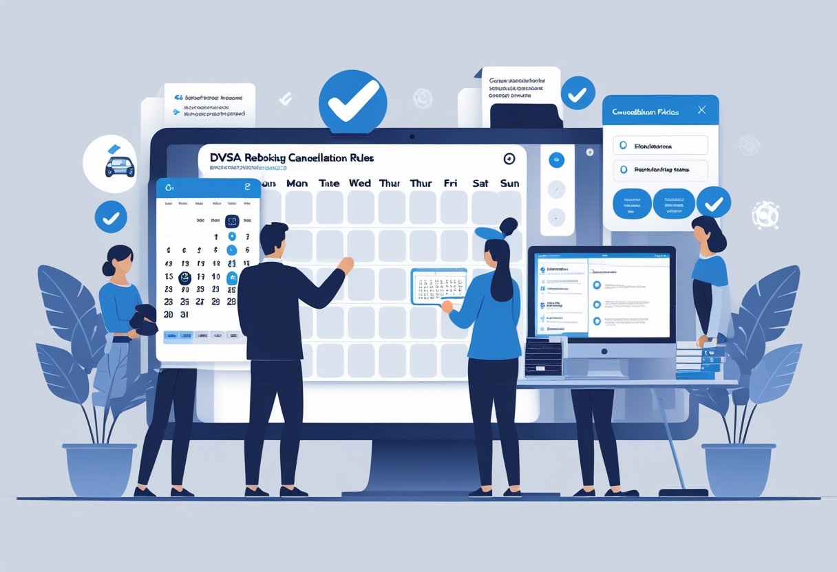 People using digital devices to manage and reschedule driving test appointments in a modern office setting.