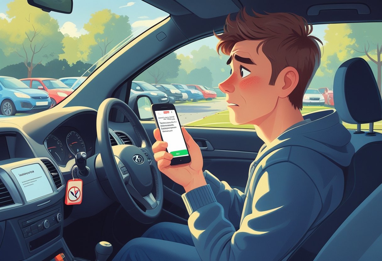 A young adult sitting in a parked car looking at a phone with a notification, showing a driving test cancellation.