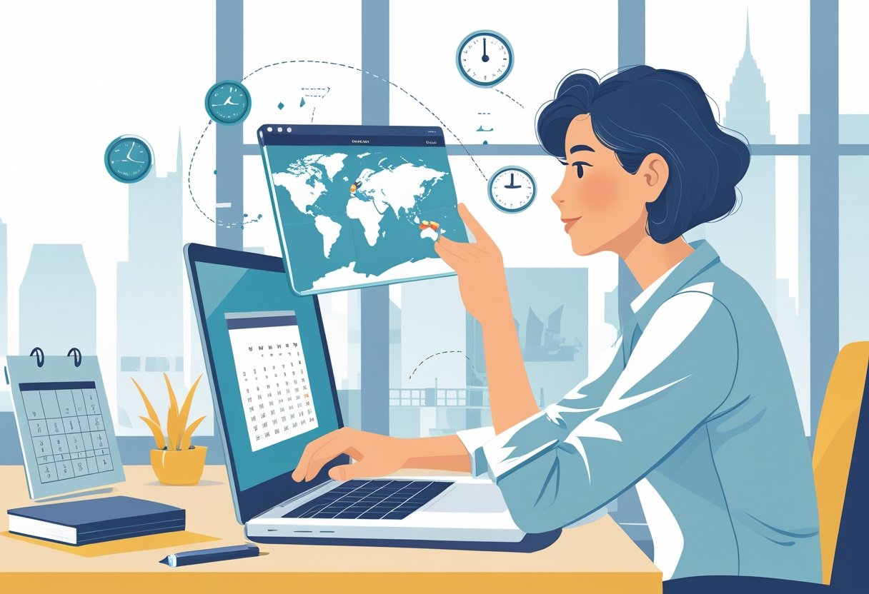 A person sitting at a desk looking at a laptop displaying a map and travel routes, with clocks and city icons around them, considering travel options.