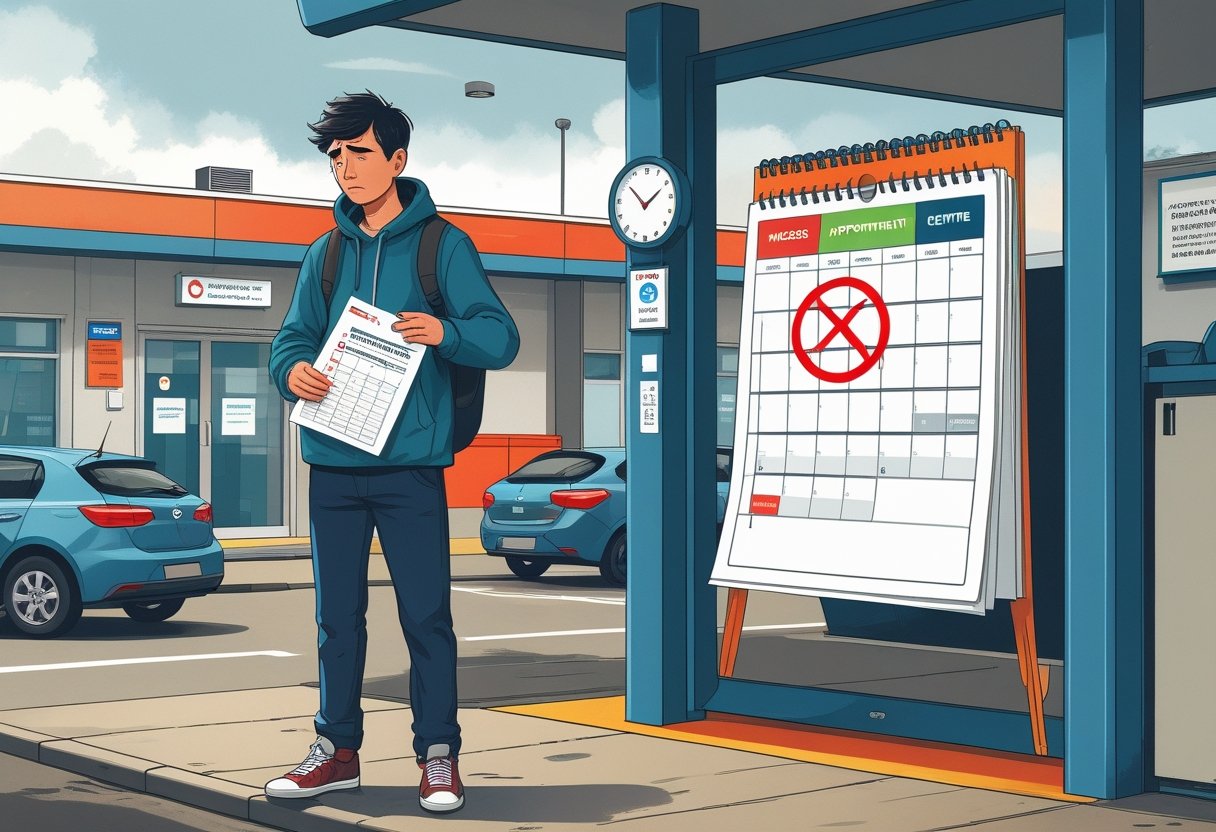 A young adult standing outside a driving test centre looking disappointed, holding a form, with a calendar showing a missed appointment date and a clock indicating the time has passed.