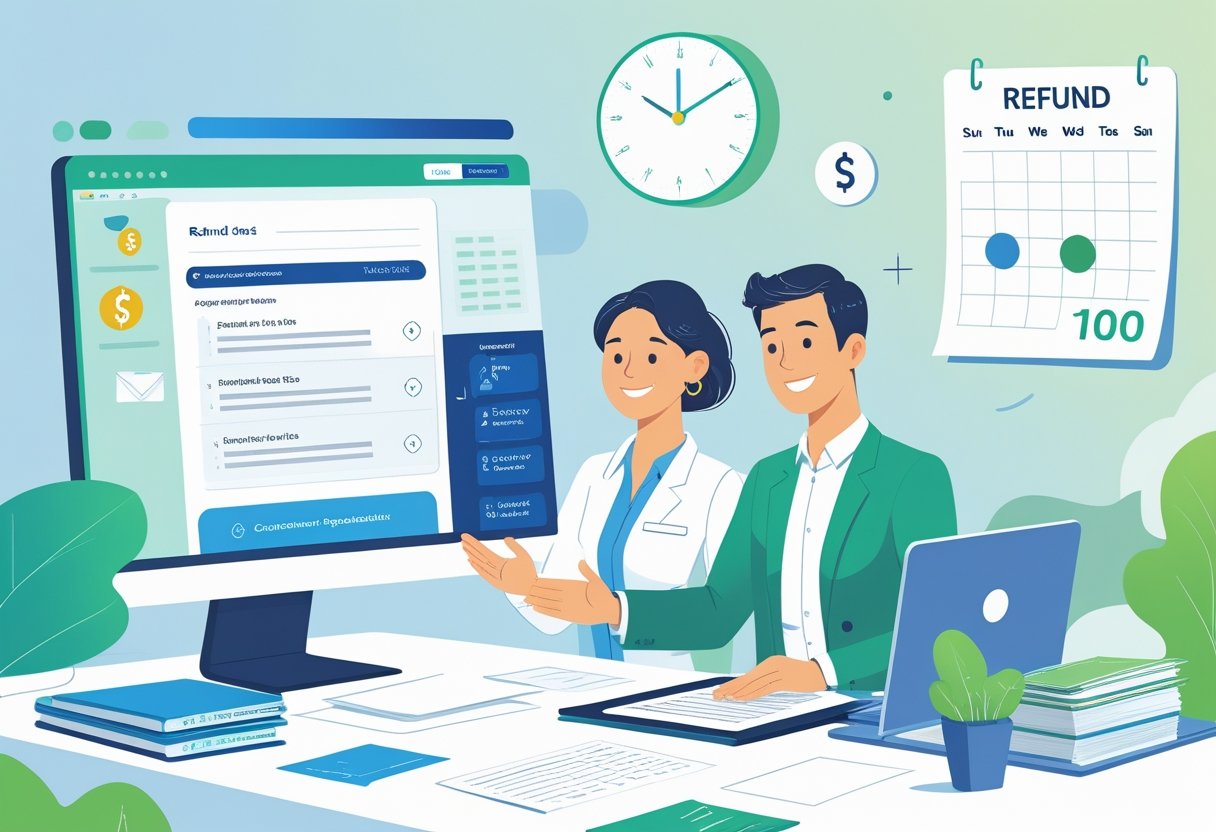 A customer service representative helping a client with a refund process at a desk with a computer and paperwork.