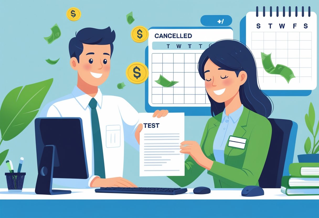 A customer service representative helping a person with a cancelled test form, with a calendar and refund symbols in the background.