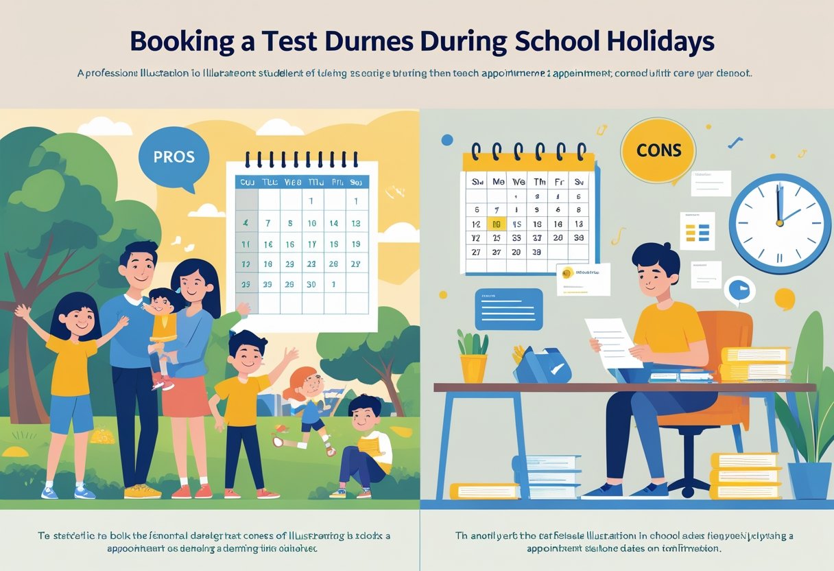 A split scene showing a family enjoying school holidays on one side and a stressed person trying to study with distractions on the other side.