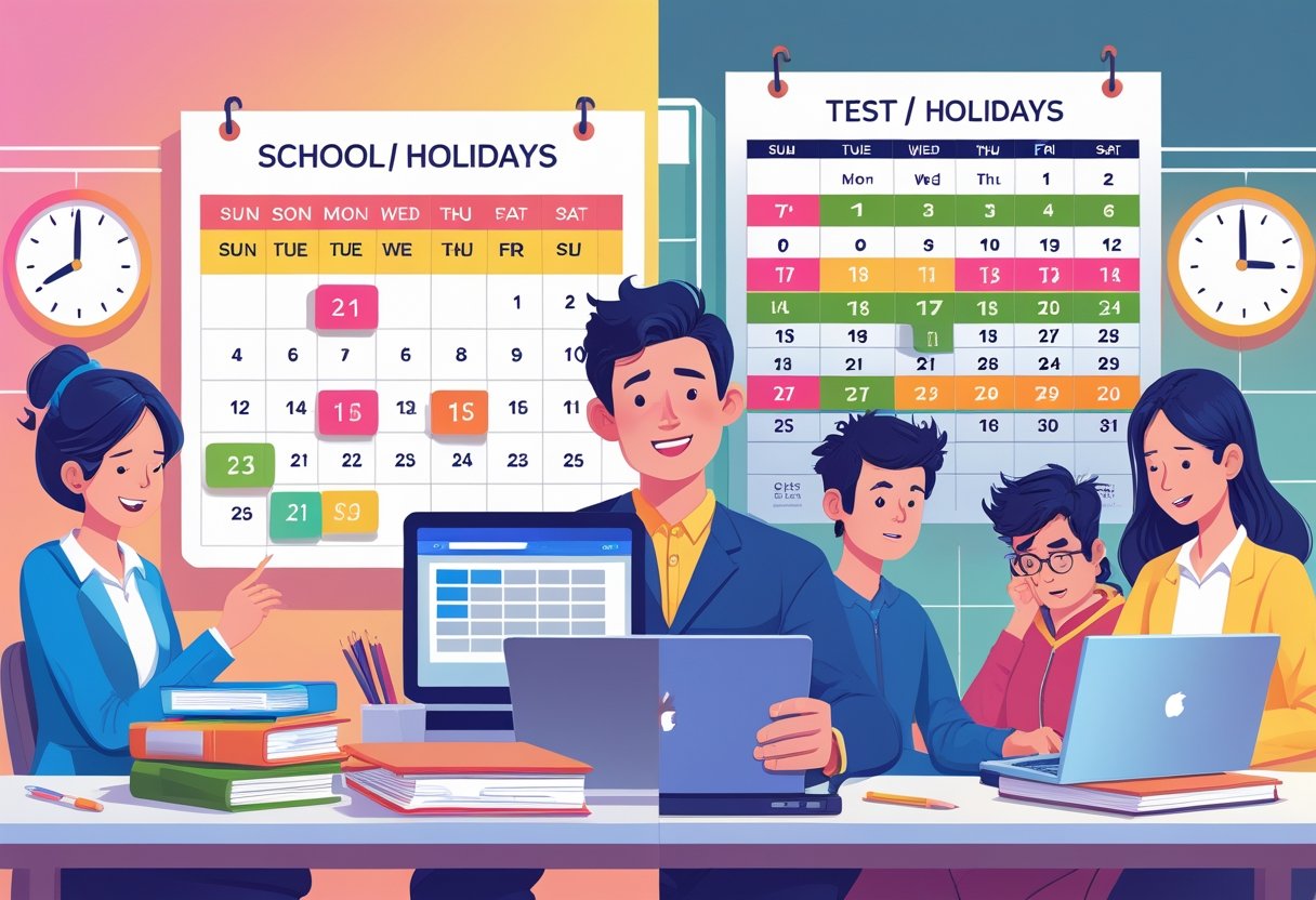 A scene showing students and parents planning test bookings during school holidays on one side, and a crowded test centre with anxious students on the other.