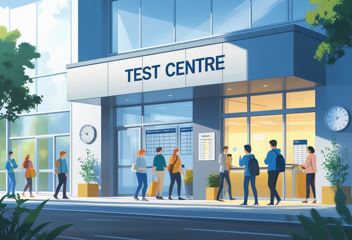 A test centre building with a large clock near the entrance and people arriving and leaving, some checking their watches or phones.