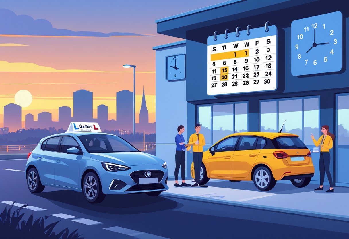 A car parked near a test centre with a calendar showing weekend days and a clock indicating evening time, with a driving instructor and learner talking nearby.