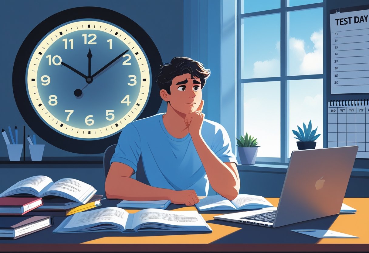 A person sitting at a desk with study materials, looking thoughtful while considering test readiness, with a clock and calendar in the background.