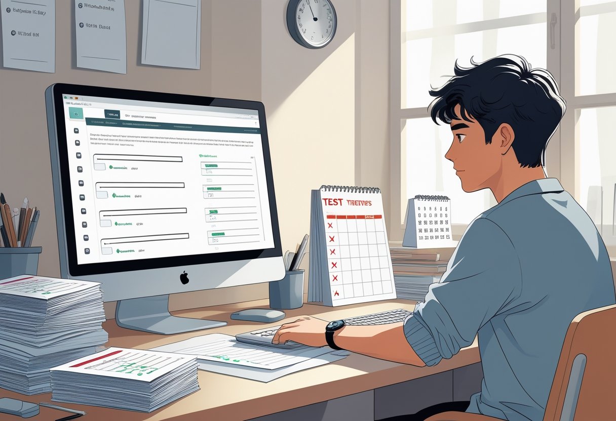 A person sitting at a desk looking at a computer screen with test questions, surrounded by test papers and a calendar showing multiple test dates.