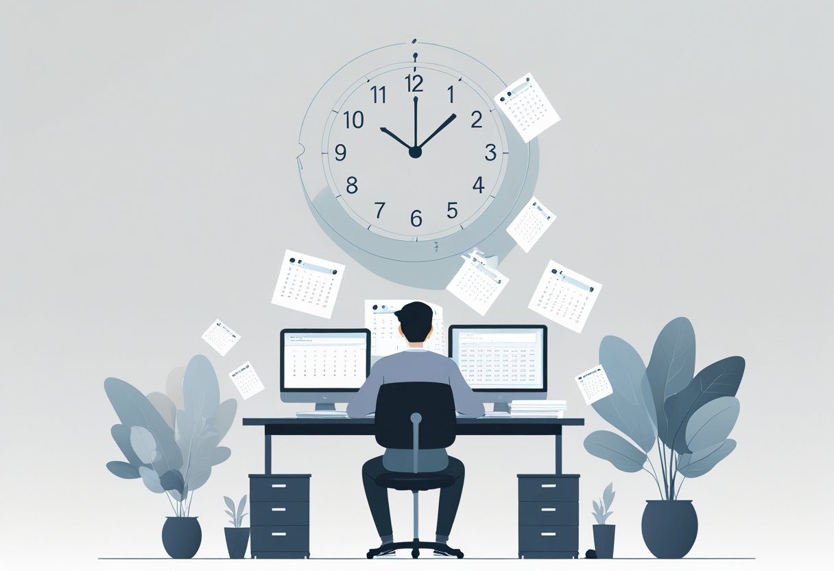 A person sitting at a desk with test papers and a computer, surrounded by floating clocks and calendar pages indicating multiple test attempts.