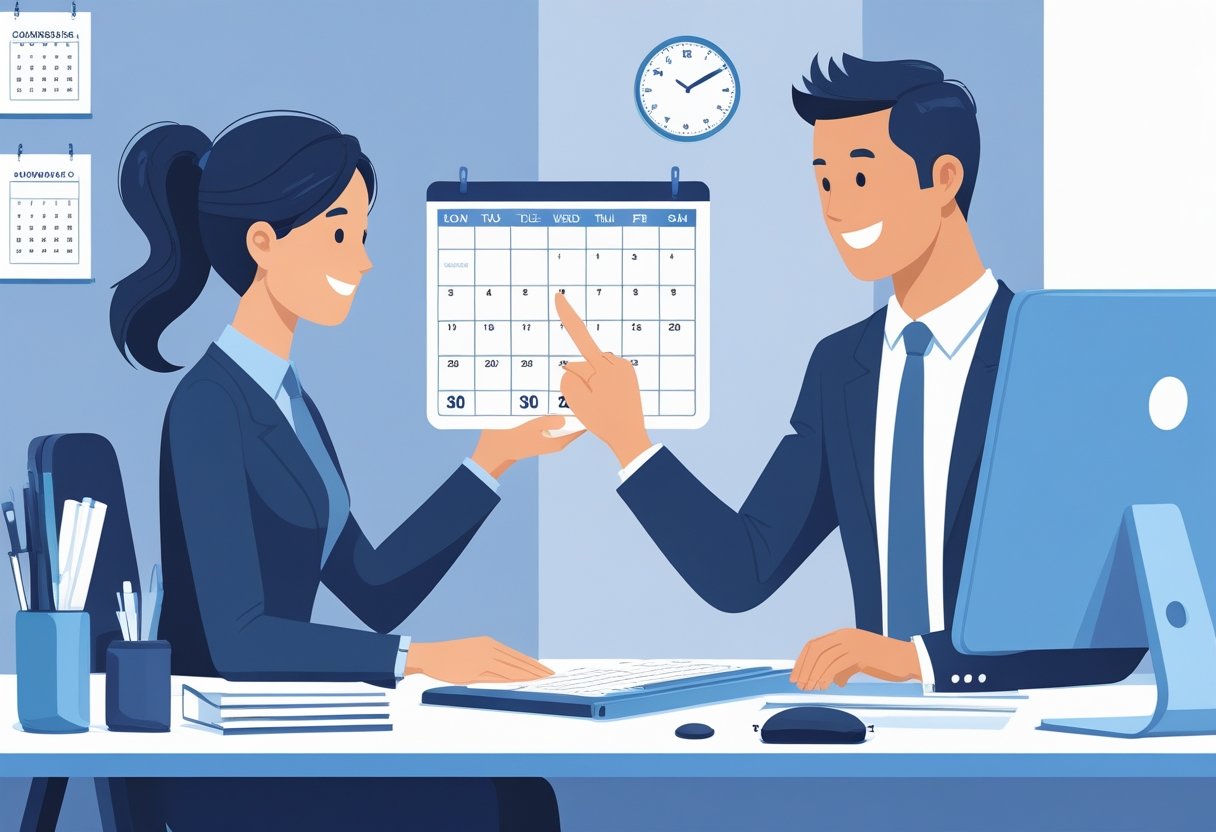 A person talks to a customer service representative at a desk, pointing at a calendar while a computer screen shows a calendar interface.