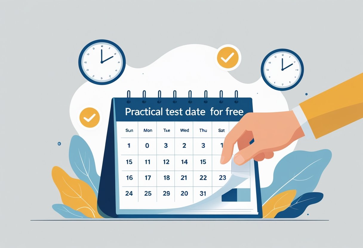 A hand adjusting a date on a calendar with icons of a clock and a checkmark nearby, symbolising rescheduling a practical test date.