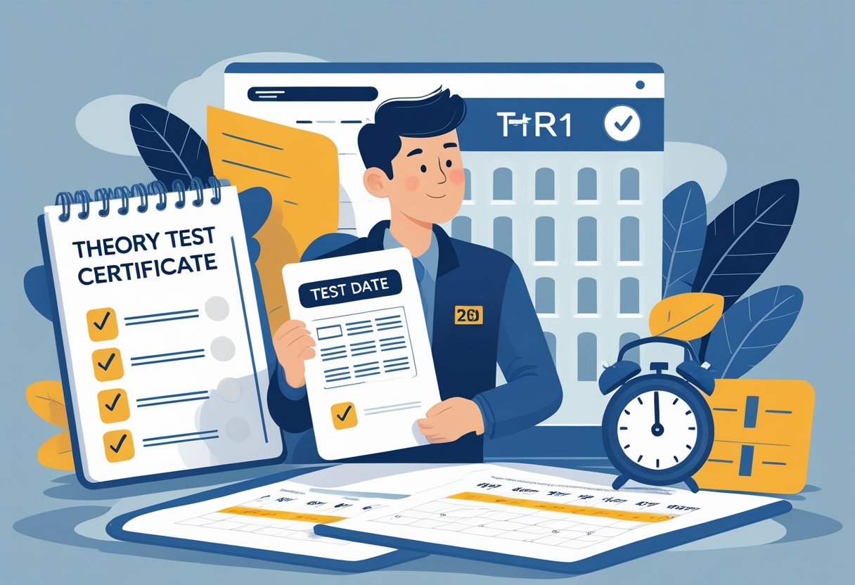 A person holding a certificate and looking at a calendar with a marked test date, surrounded by symbols of time and a checklist.